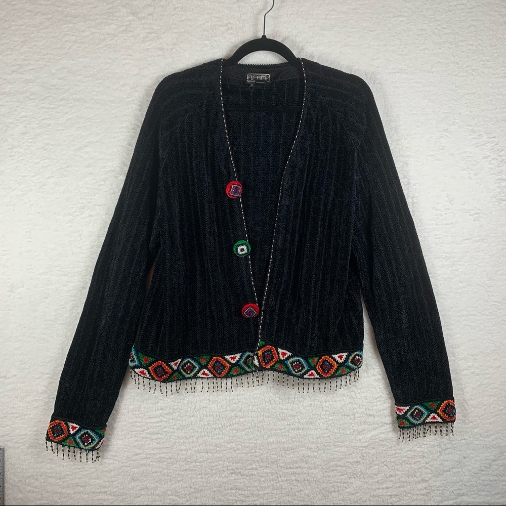 Berek Takako Sakon XL Sweater Vintage Black Chenille Cardigan Beaded Fringe.